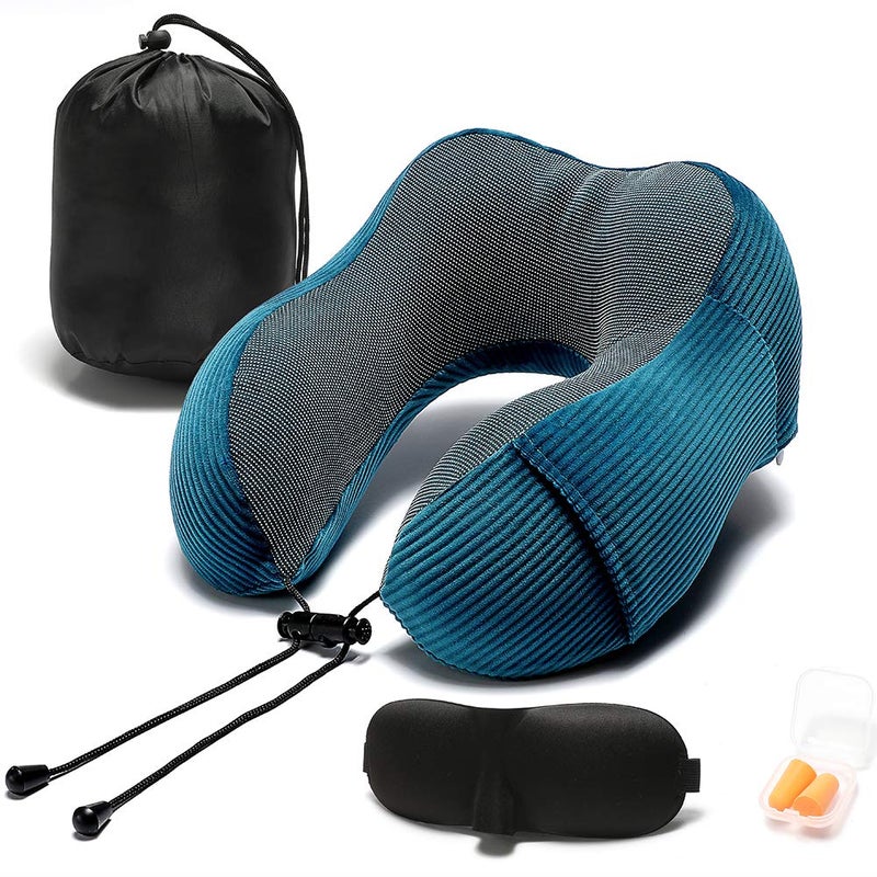 Umerci Memory Foam Neck Pillow with 360-Degree Head Support Lightweight Comfortable Travel Airplane Pillow with Storage Bag for Sleeping, Traveling,Car, Train, Bus and Home Use(Blue) - Image 1
